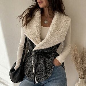 MOD Sherpa Collar Belted Black/White Tweed Vest | Chic Layering Piece | Small